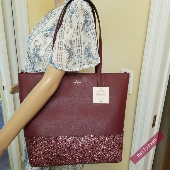 KATE SPADE PENNY GLITTER GRETA TOTE CHERRYWOOD - Picture 7 of 10